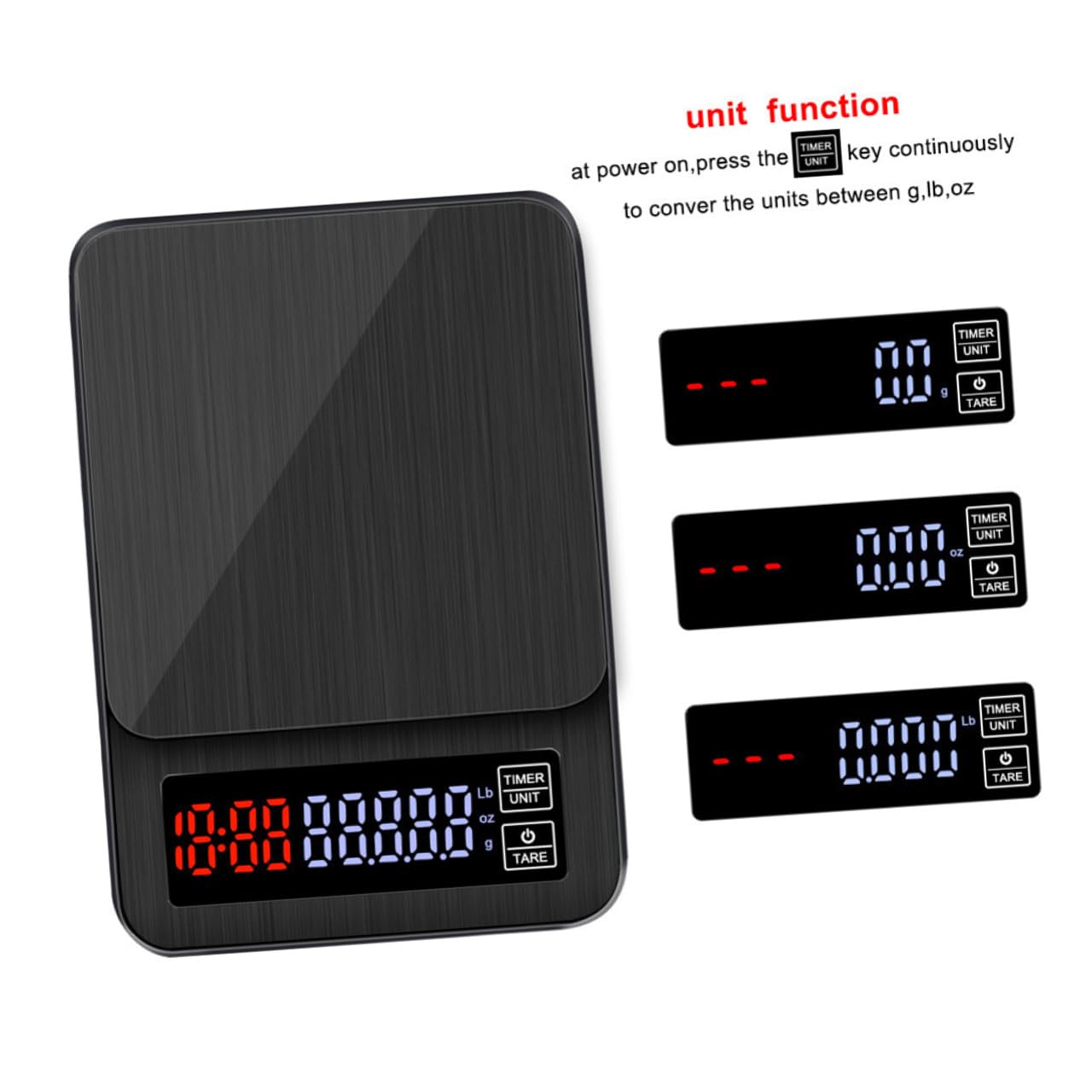 Báscula Digital Capacidad 5kg con Temporizador y Sensores de Precisión Pantalla LED Grande para Cocina y Café Adecuado para Cocinar y Hornear