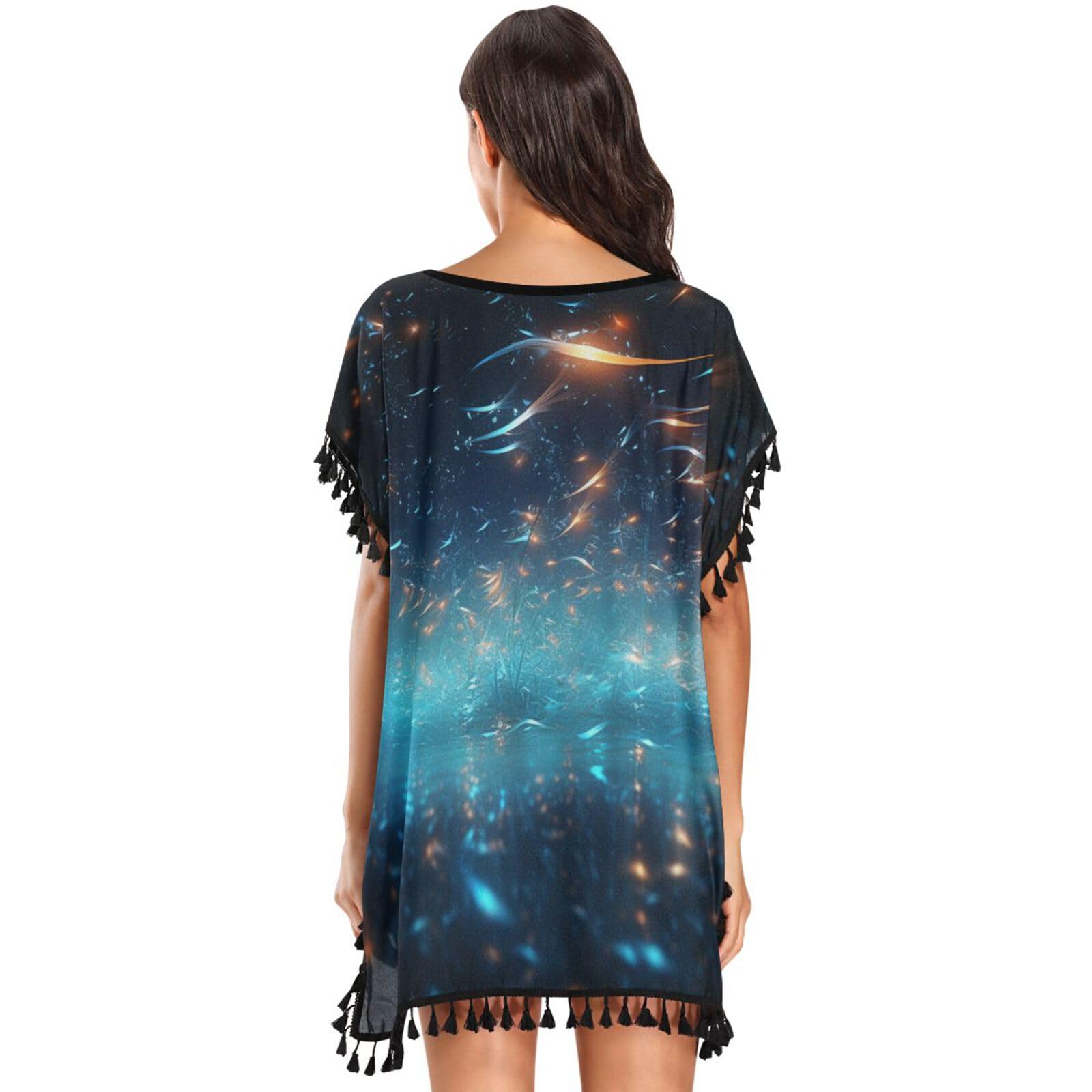 Art Space Blue Sparkle Women's Beach Cover Up Chiffon Tassel Swimwear Swimsuit Coverups for Girl