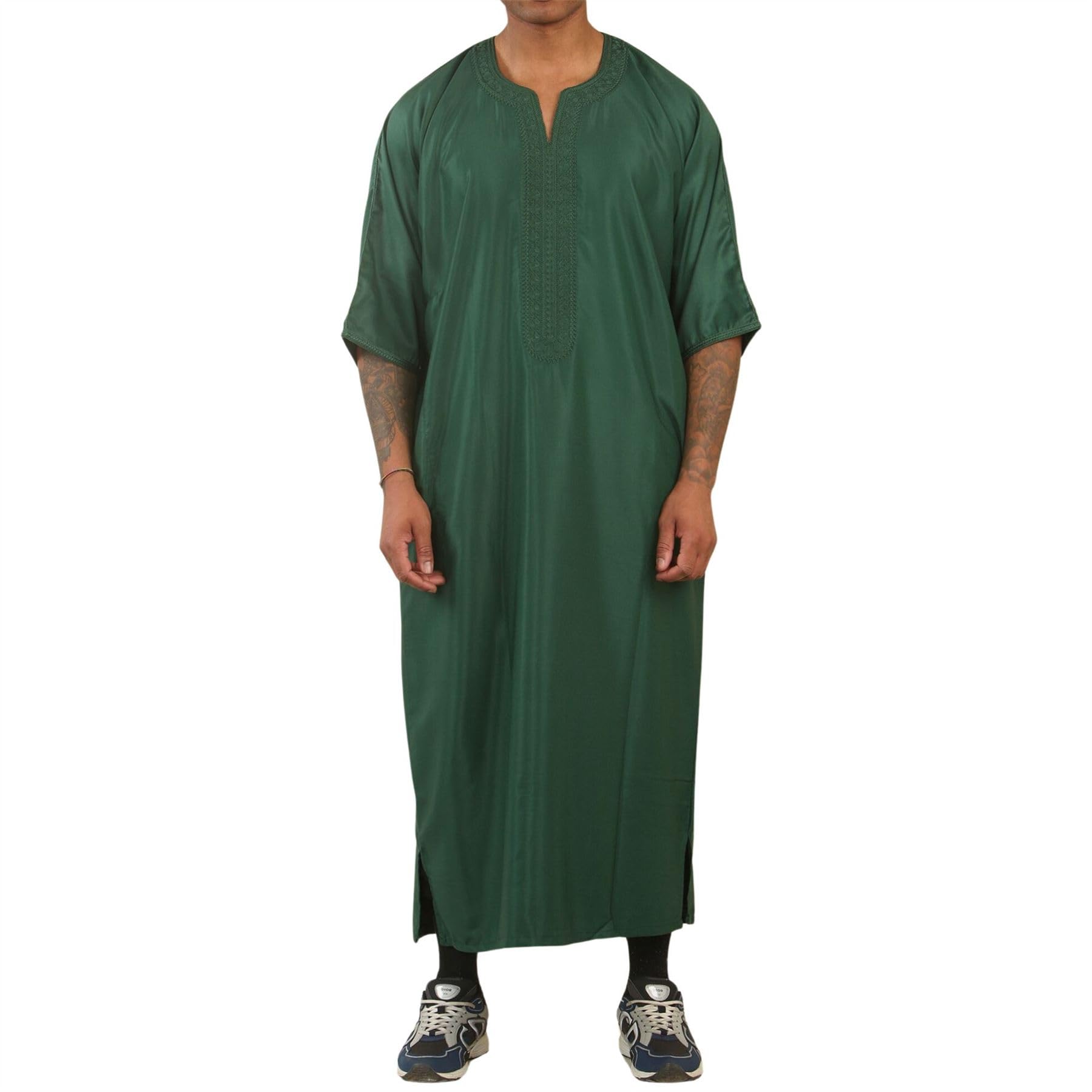 Thobez Men's Moroccan Thobe Gandoura Short Sleeve Jubba Kaftan Eid Robe Arab Embroidery - Green 58