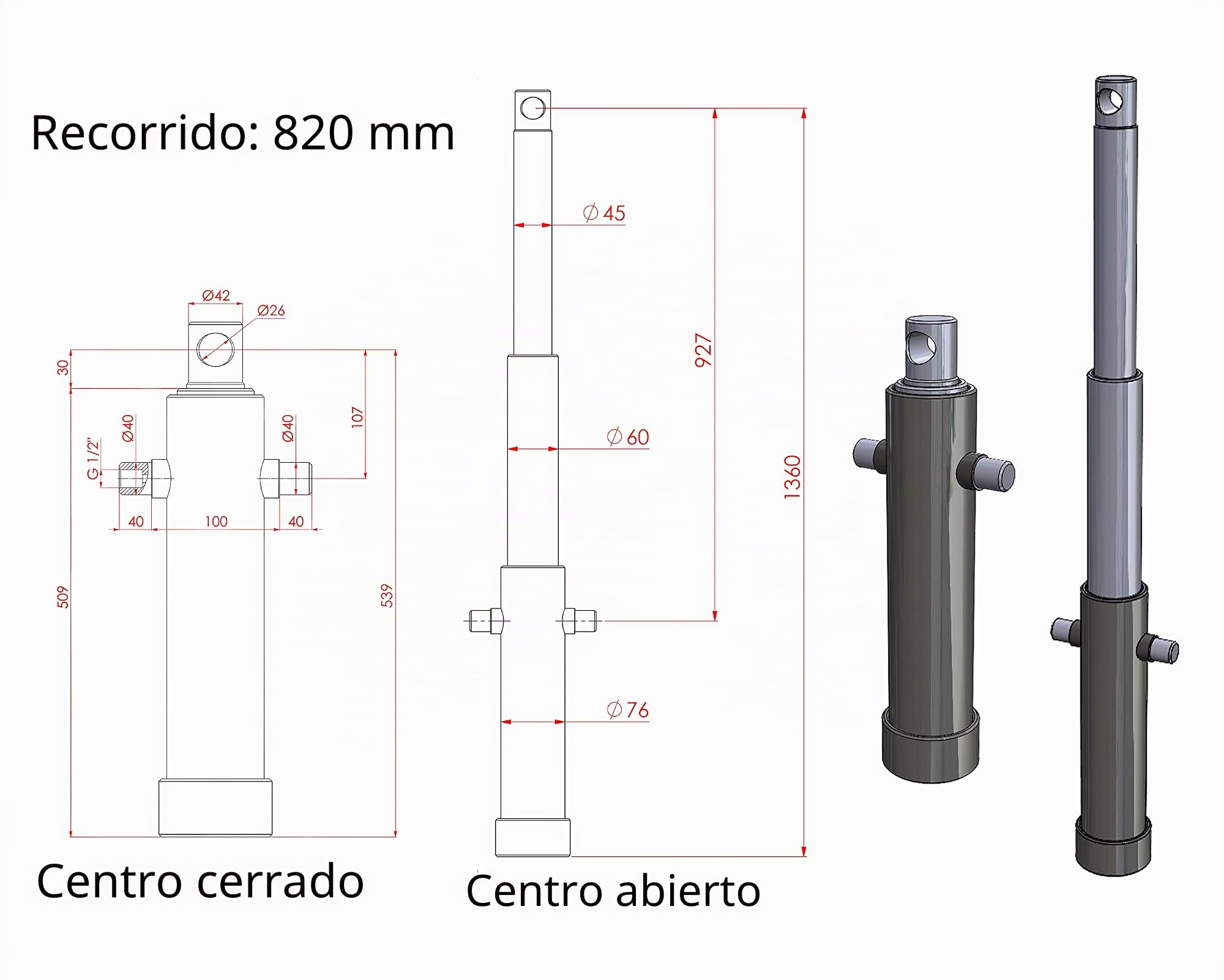 Cilindro Telescópico Hidráulico - Carrera 500, 620 y 820 mm - 5,8 T (Diferentes variantes)