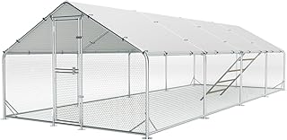 Large Metal Chicken Coop, 10x26x6.5FT Spire Chicken Runs for Yard with Cover, Walk in Chicken Coop with Roosting Perch