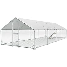 Large Metal Chicken Coop, 10x26x6.5ft Walk in Chicken Runs for Yard with Covers, Outdoor Chicken Pen with Roosting Perch and Split Door, Spire Roof Poultry Cage for Chicken, Duck
