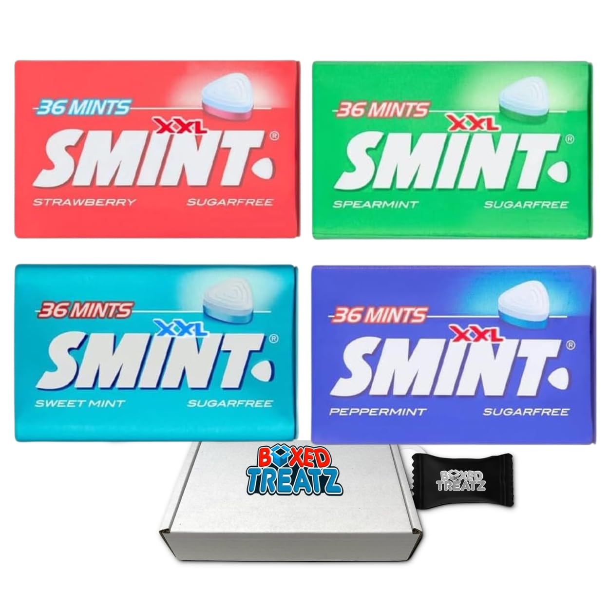 Smint Mix 4 Packs, 1Pcs Each (Strawberry, Spearmint, Peppermint, Sweetmint) Convenient 25g Tins Boxed Treatz
