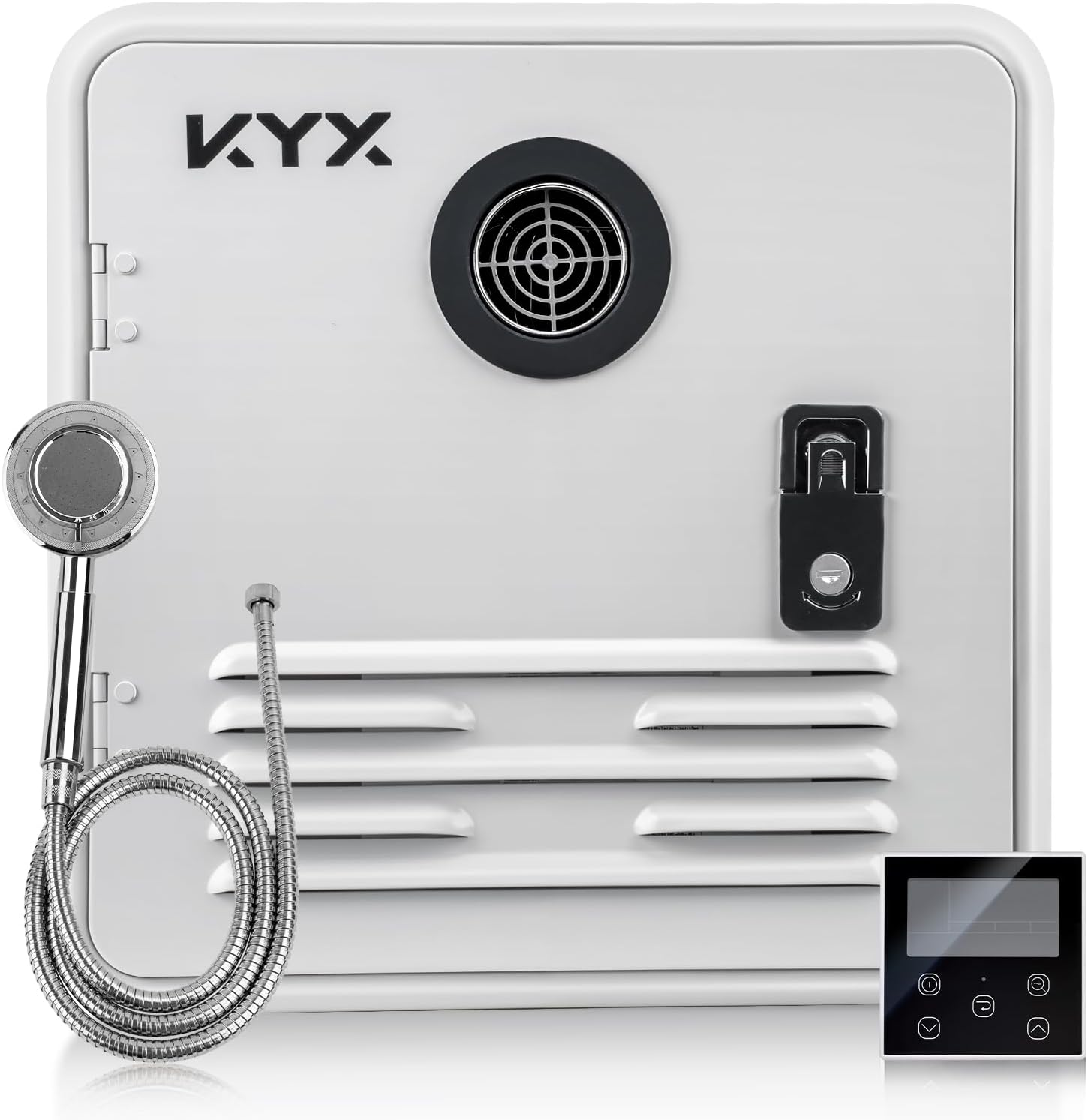 KYX RV Tankless Water Heater 67,000 BTU - Instant Camper Propane Water Heater with Showerhead and 15 x 15 inches White Door, High Altitude Available, DC 12V, External Water Outlet & Remote Controller