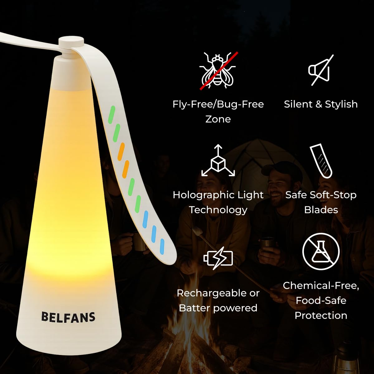 Belfans FlyRepell- Ventilador para mesas, alimentado por USB/recargable, matamoscas sin sonido con cuchillas holográficas, ventilador portátil para abejas, avispas y uso al aire libre