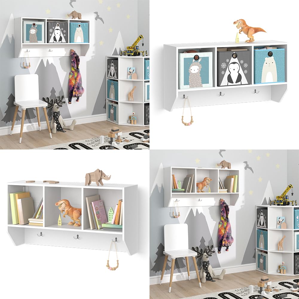 Vicco Estante de Pared para habitación Infantil Luigi, Blanco, 107.2 x 56 cm, para Montaje en Pared con estantes Abiertos y Ganchos