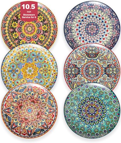 Euisail Dinner Plate Set of 6, 10.5-inch Large Plate for Dessert, Pasta, Salad, Ceramic Bohemian Dishes for Kitchen Microwave Dishwasher Safe