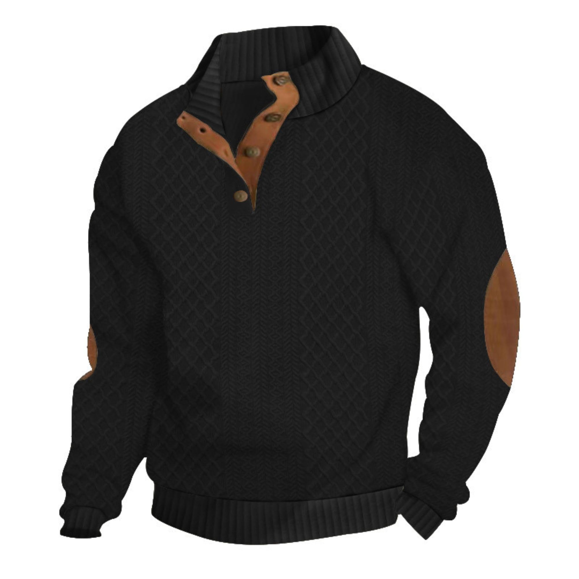 Mens Stand Collar Sweatshirts Fall Trendy Lightweight 1/4 Button Up Shirts Knit Waffle Tops with Elbow Patches