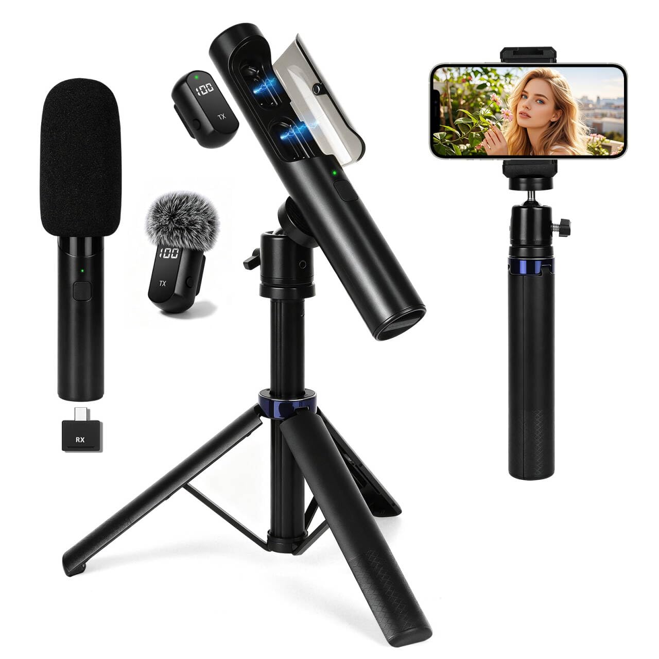4 in-1 Lavalier-Mikrofon für iPhone, iPad, Android, Interview Mikrofon mit Handystativ,Auto-Pairing Mini-Mikrofon,Video Mic für Podcast,Vlogging