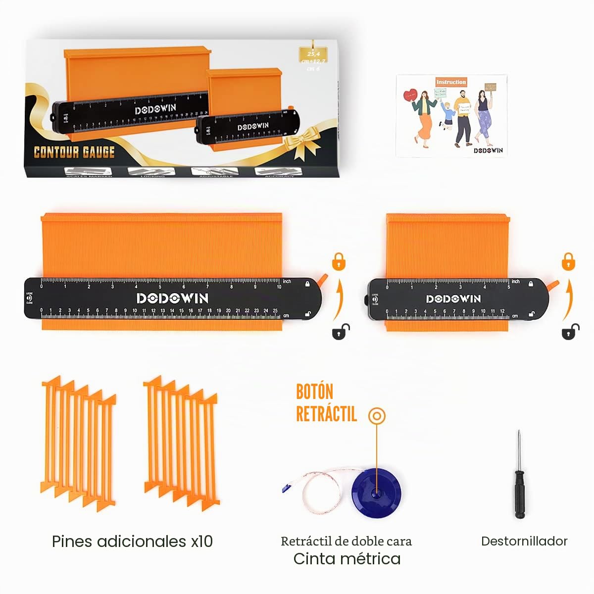 DODOWIN Medidor de Contornos Profesional 2pcs, Medidor Perfil Contornos Grande Carpintero, Regalo Dia Del Padre, Regalos Originales para Hombre Cumpleaño, Copiador de Formas Bloqueable