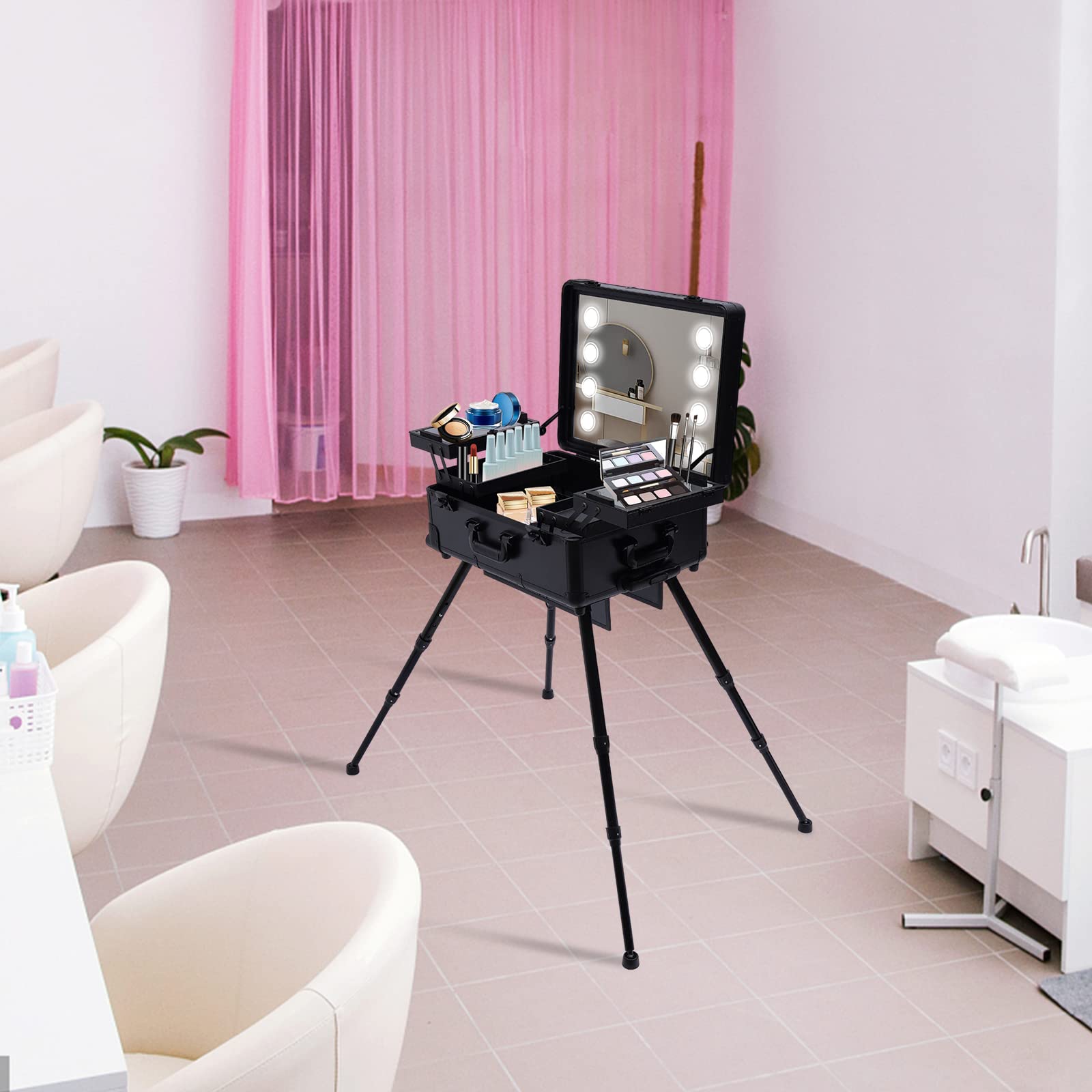 ZUANYAN Rolling Makeup Case Makeup Case 8 Led Lights, Makeup Case Hair Tattoo Nail Bar With Light Makeup Case, Can Support The Use Of Makeup Case, With Mirror (Black)