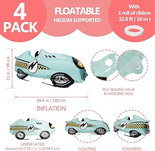 Miniatura 5 de Globos azules de carreras, paquete de 4 vehículos temáticos Fast Speedy Roadster, auto deportivo para el primer baby shower, cumpleaños, retro,