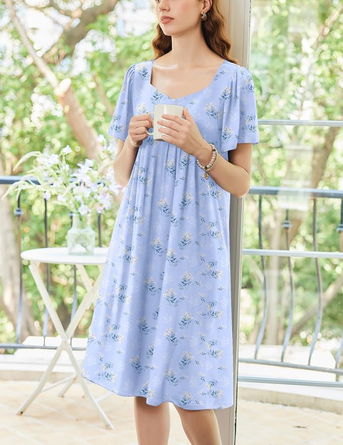 Image of Ekouaer Women's House Dress - Pleated Nightgown with Short Sleeves & Pockets