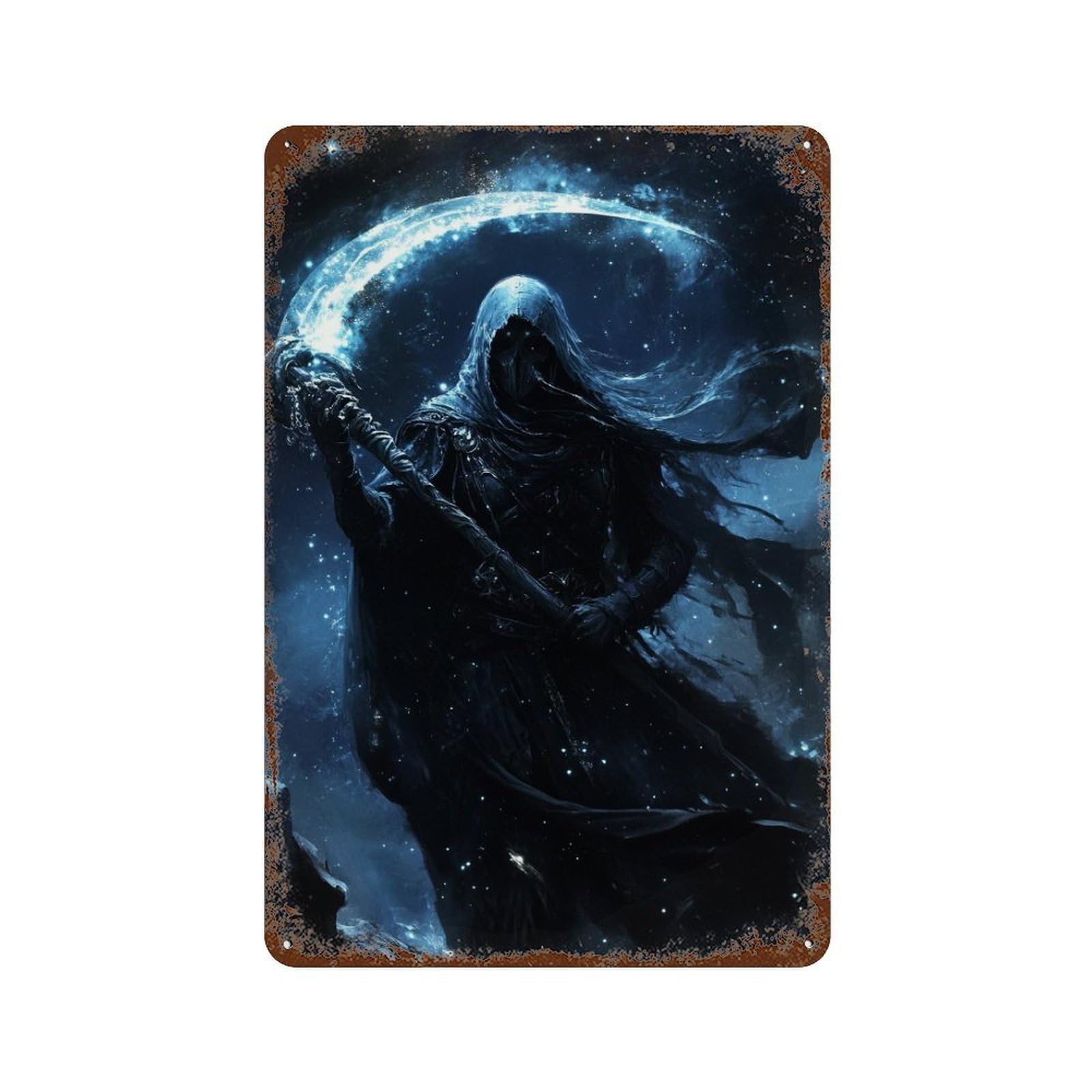 Rusty Metal Tin Sign with Dark Wizard Holding Crescent Moon Design 11.8"x7.9", for Shed, Workshop And Garage Wall Decor, Classic Wall Plaque