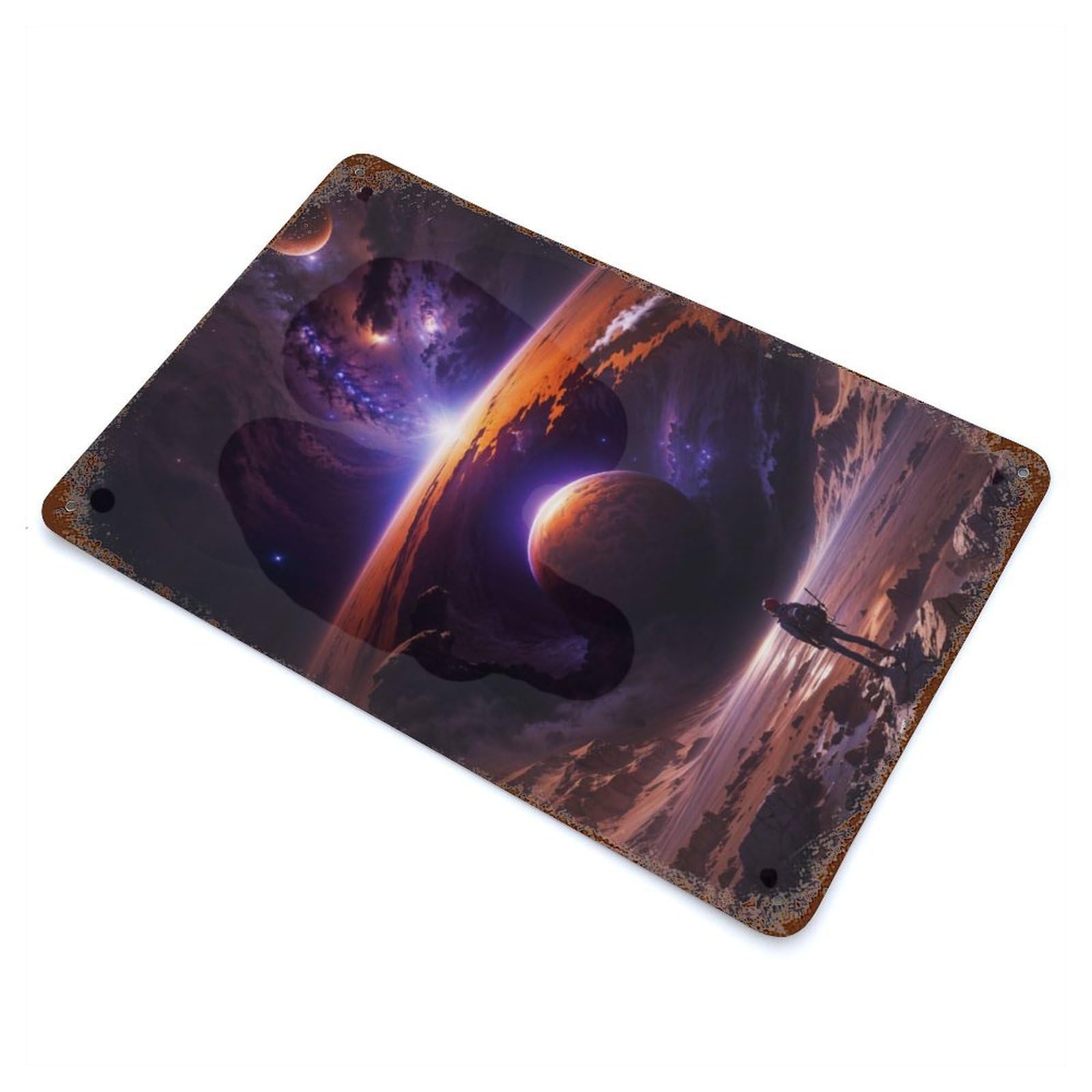 Distressed Metal Wall Sign with A Man Lost in The Cosmos Design 11.8"x7.9", for Living Room, Hallway And Home Decor, Vintage Wall Decor
