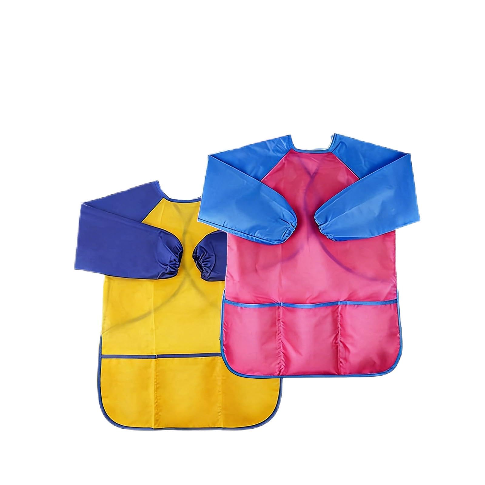 Set de 2 Delantales Infantiles Impermeables para Pintura - Talla Única para Niños y Niñas de 2 a 8 Años - Incluye Delantal Azul y Rojo con 3 Bolsillos para Artes, Manualidades, Cocina y Juegos