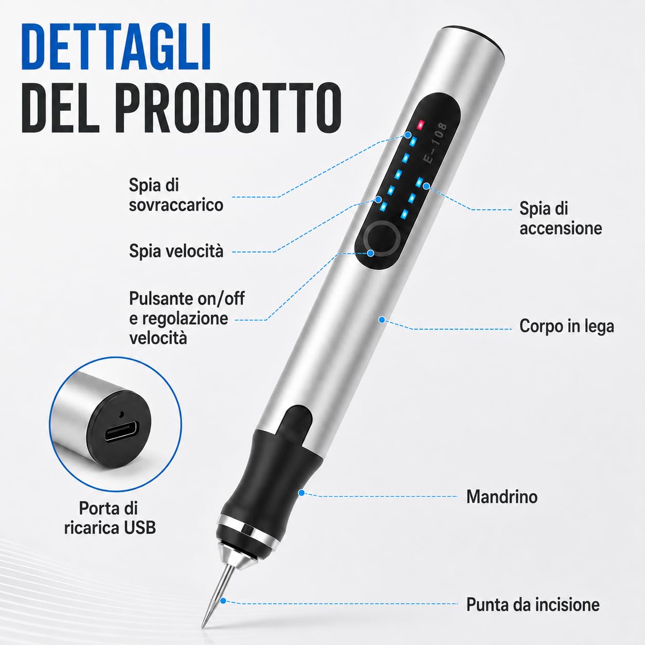 VOBOR Penna Elettrica per Incisione Senza Fili, Kit Strumenti Incisore Rotante Portatile, Ricaricabile USB, Mini Incisione a Batteria per Legno Metallo Vetro Gioielli Plastica Pietra – Fai da Te