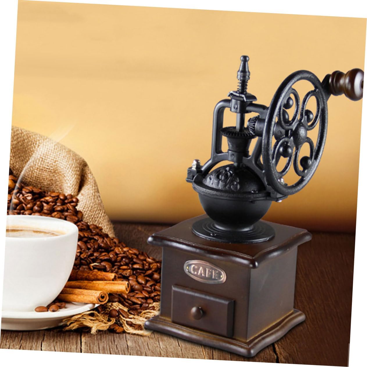 Kichvoe Vintage Hand Crank Coffee Grinder Portable Manual Coffee Bean Mill for Spices Compact Design Wooden Base for Home Camping and Travel Use