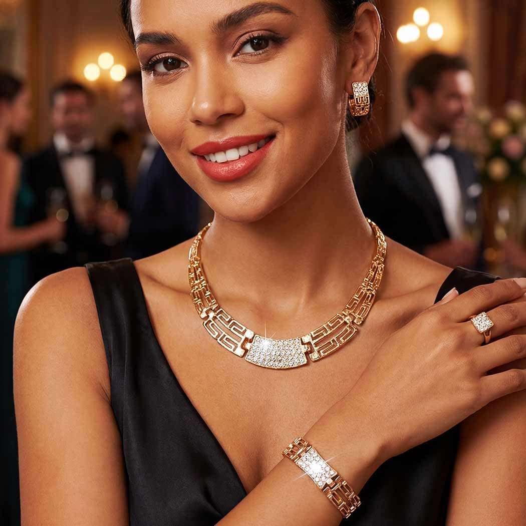 Aukmla Gold Jewelry Set Rhinestone Necklace Earrings Bracelet Ring Sets Prom Costume Jewelry for Women - Image 6
