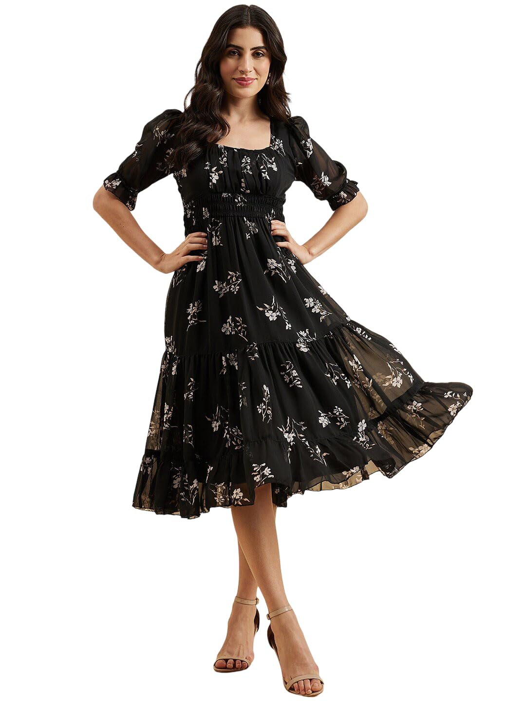 | Dress for Women | Whispering Bloom Midi | Smocked Elegance with Puff Sleeves | Graceful Square Neck Fit | Flare Silhouette