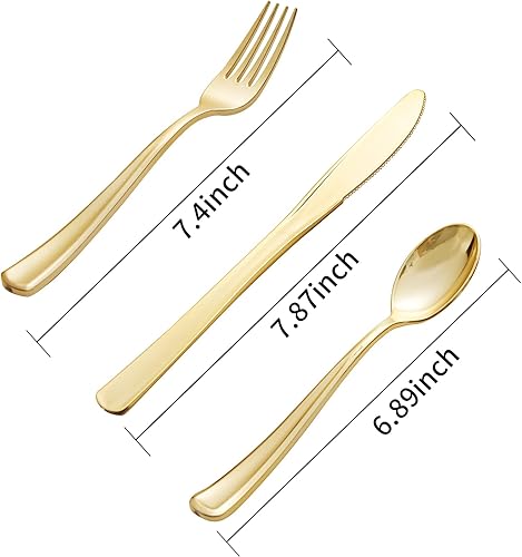Miniatura 7 de BUCLA 600 cubiertos de plástico dorado - Utensilios de plástico dorado - Cubiertos desechables pesados - 200 tenedores dorados, 200 cucharas
