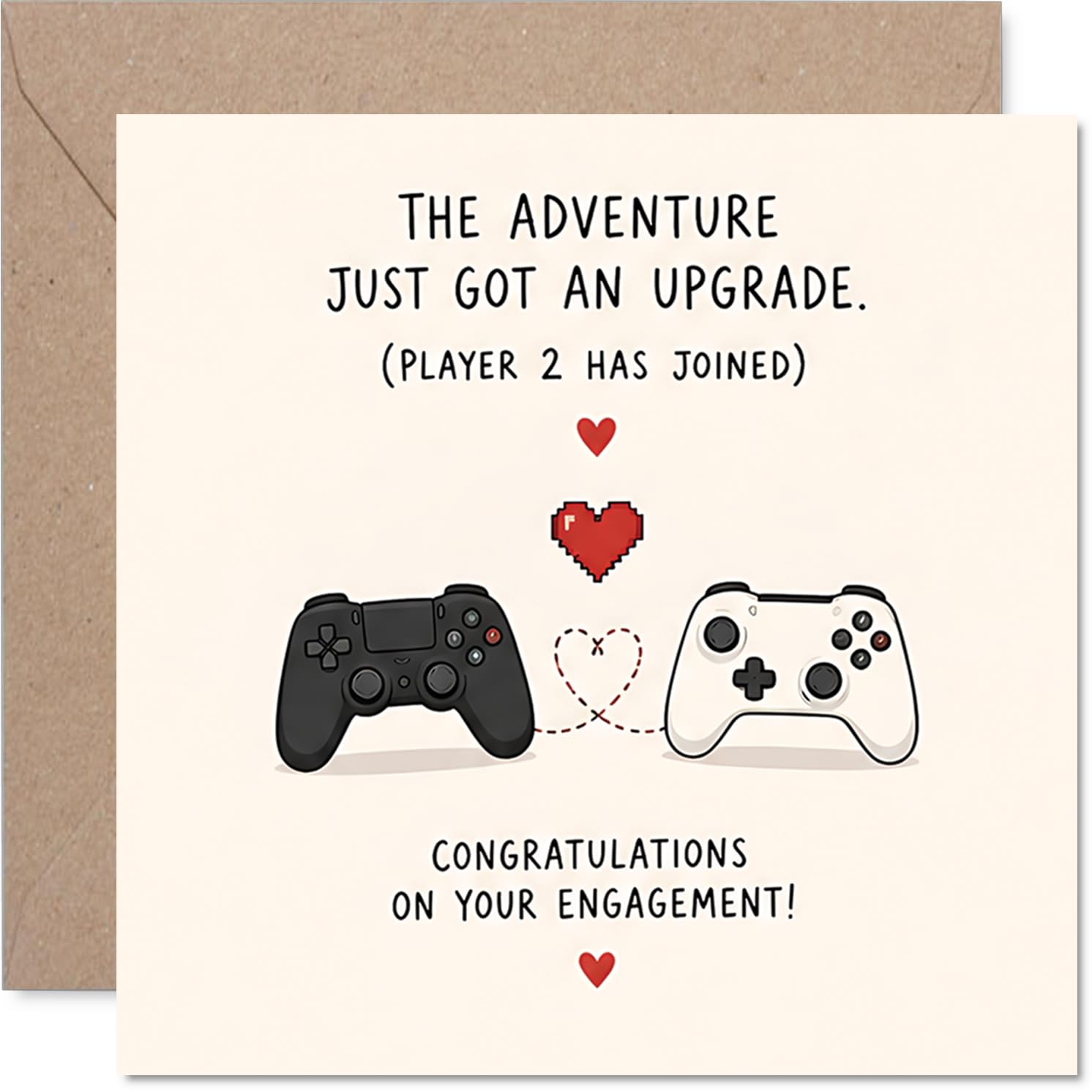 Playful Engagement Card - Level Up Your Love Life - Gaming Controllers and Hearts Design - A Cheeky Nod to Co-op Adventures Ahead - 145mm Square, Envelope Included