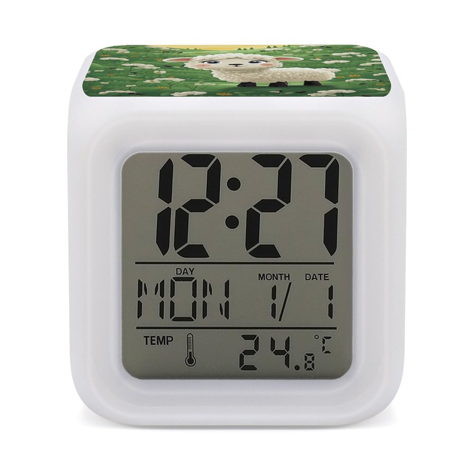 JTREHY 7 Color Changing LED Digital Alarm Clock,Cute Cartoon Sheep Printed Wake-up Clock with Temperature Display Home Decoration Alarm Clock for Bedroom Office