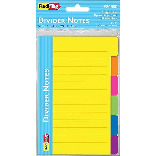Redi-Tag Divider Sticky Notes, Tabbed Self-Stick Lined Note Pad, 60 Ruled Notes, 4 x 6 Inches, Assorted Neon Colors (29500)