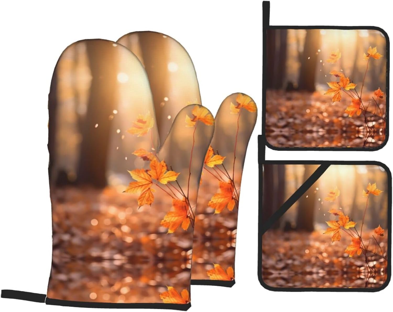 Maple Leaf in The Sun Printed Oven Mitts + Potholders 4-Piece Set - Great for BBQ Party Cooking