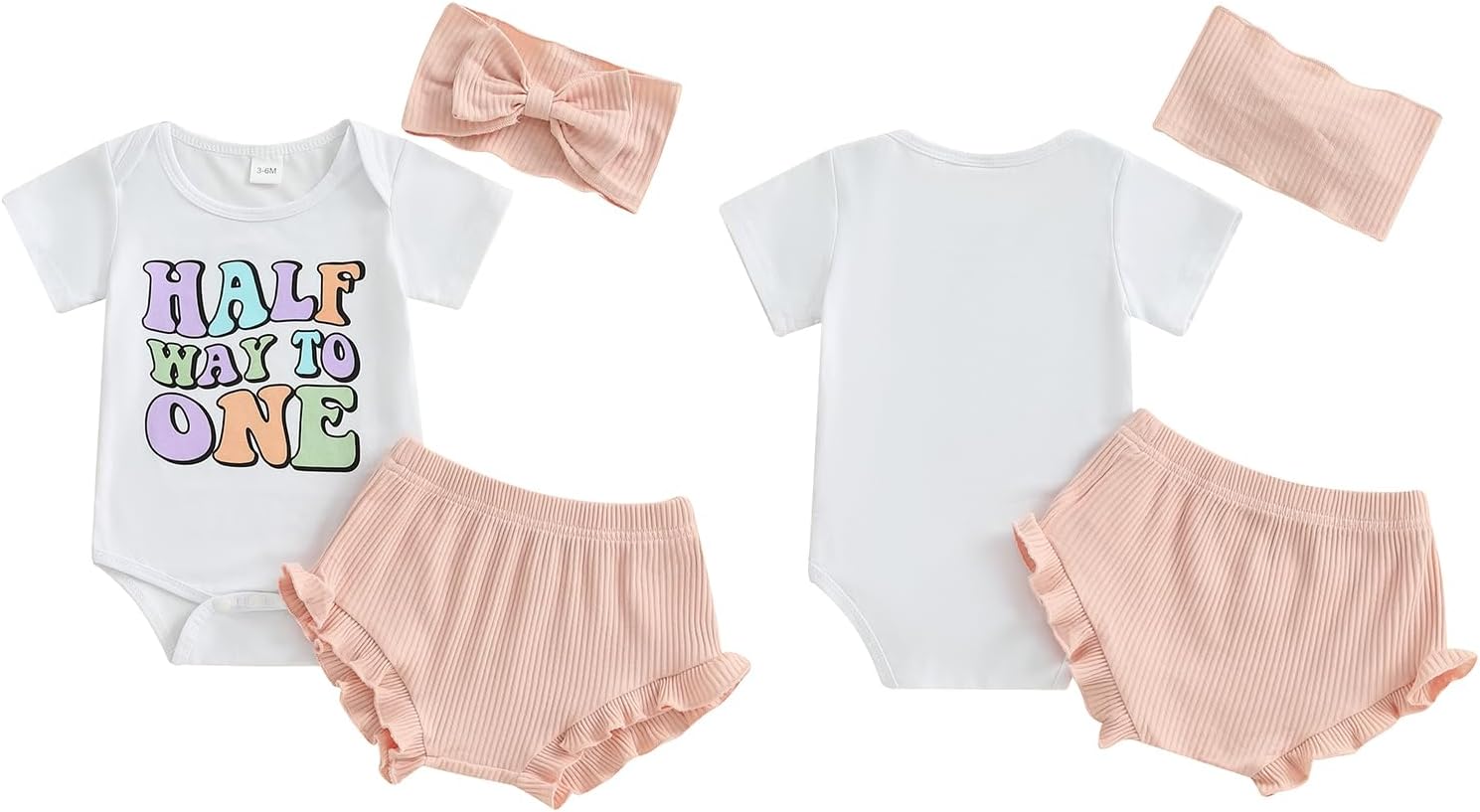 Baby Girl Half Birthday Outfit Half Way To One Short Sleeve Romper Ribbed Ruffle Shorts Headband 1/2 Birthday - Image 6