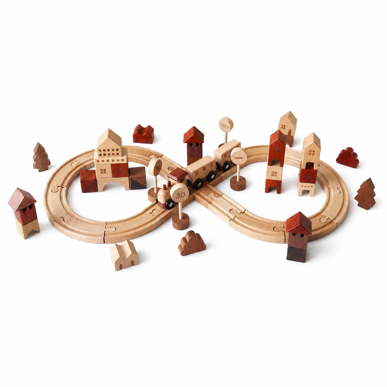 Almencla Kinder Bausteine Holz Eisenbahn Set Zug Spielzeug Strecke Zirkus Wagen Figuren Buchenholz für Vorschule Kinderparty Kinderzimmer Geschenk