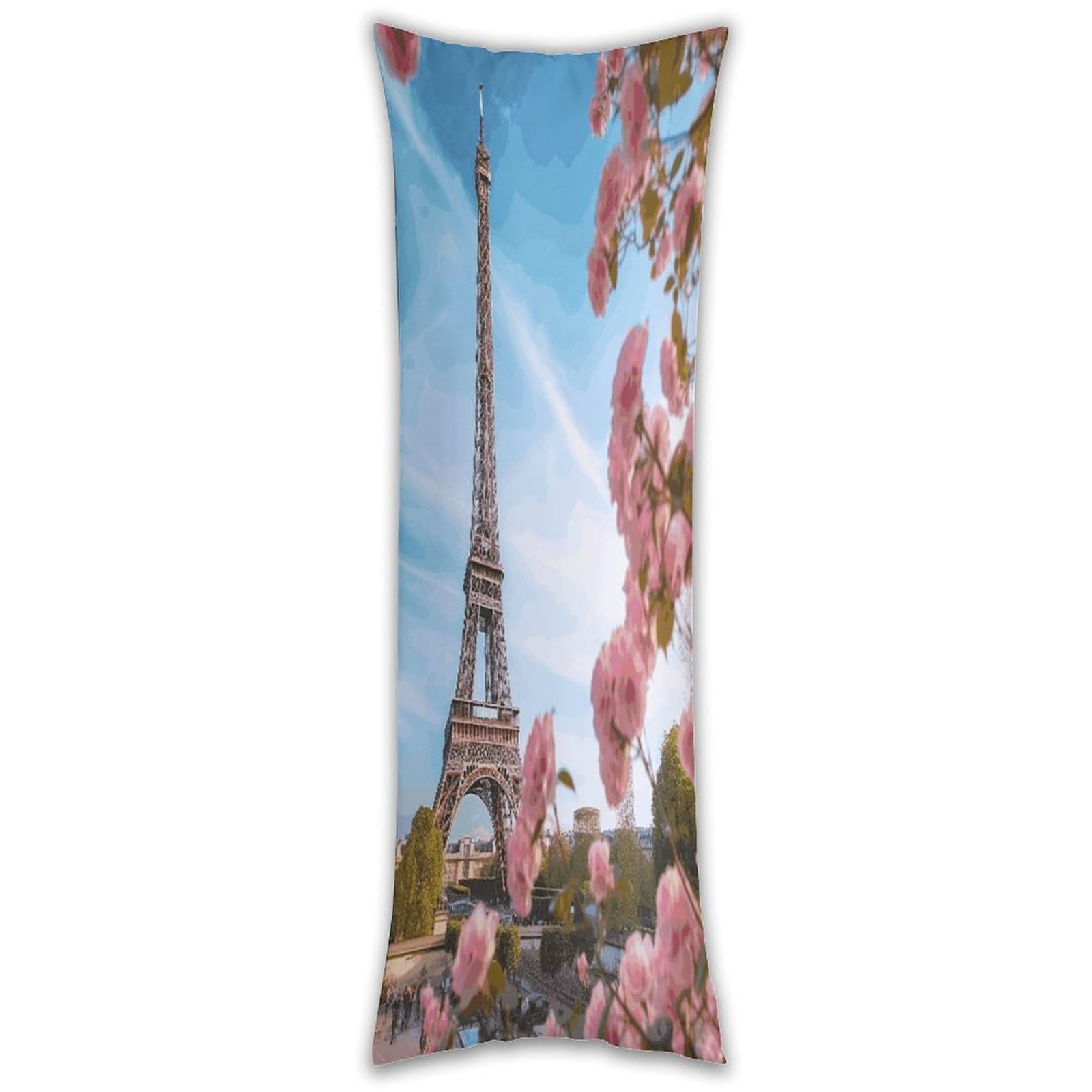 Paris Eiffel Tower with Flowers Long Pillow Case with Zipper Ultra Soft Microfiber Long Pillow Cover Breathable Body Pillow Protector Soft Wrinkle Pillowcase for Bed Sofa Bedroom 53 X 19 in