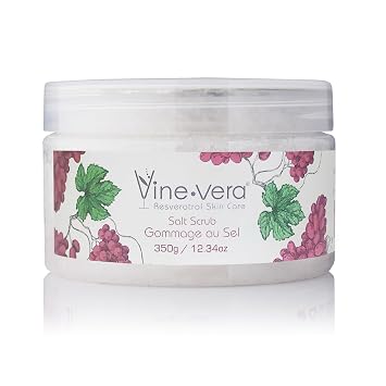 Vine Vera Salt Scrub - with Sea Salt - Exfoliates & Conditions - 12.3 Oz | Get That Polished Skin Feeling - Infused with Resveratrol - Removes Buildup & Dead Skin - Smoothens Elbows & Knees