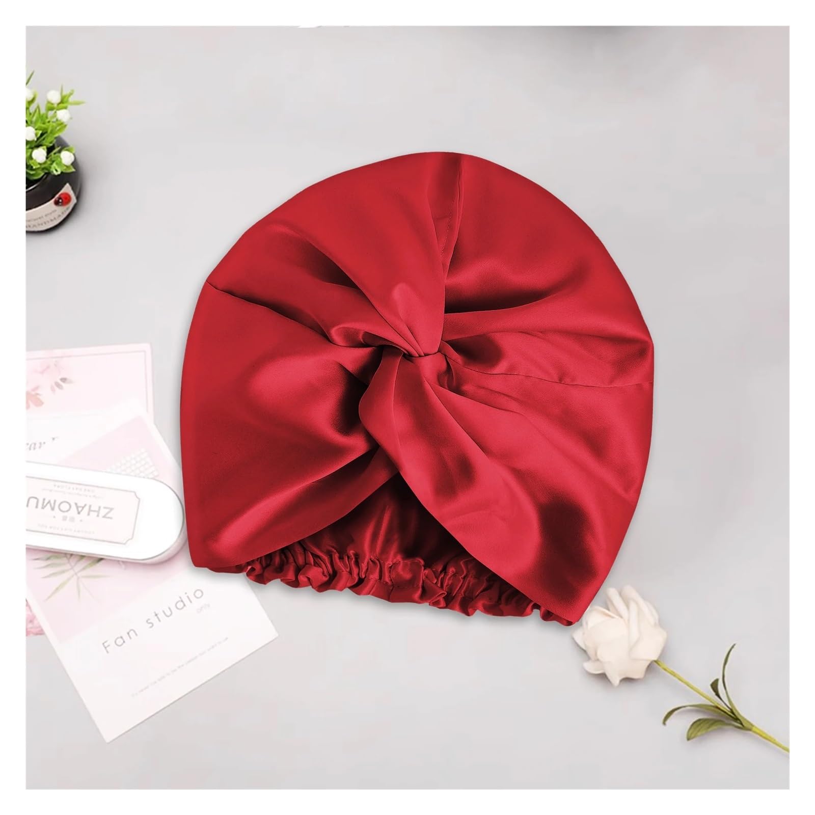 Bonnet Satin Cheveux Nuit Bonnet de Couchage en Soie de mûrier 100%, Double Face, Vraie Soie for Cheveux et Peau, Turban en Soie(Red)