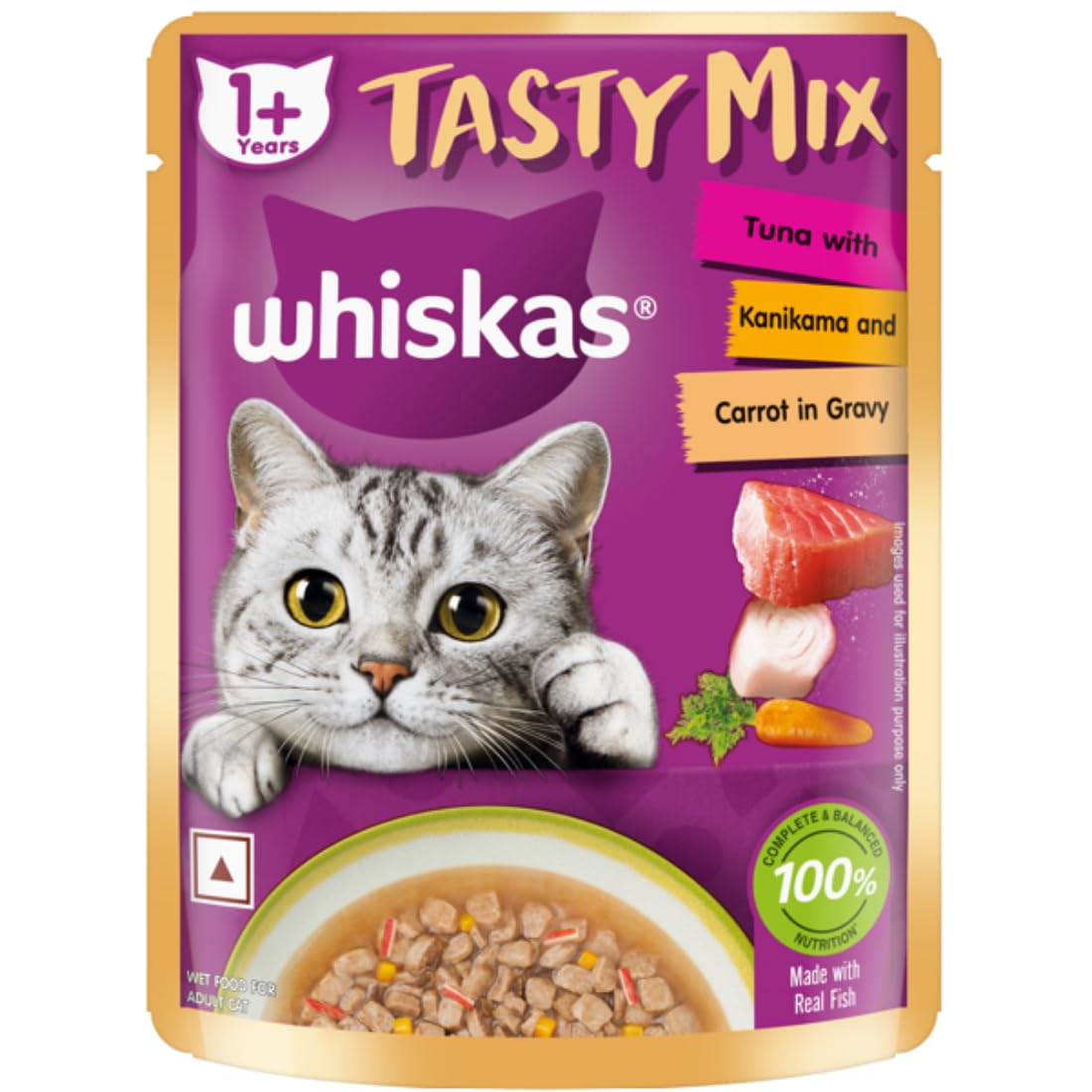 Whiskas Tasty Mix Adult (1+ Year) Wet Cat Food, Tuna with Kanikama and Carrot in Gravy, 70 g, Cat Food Made with Real Fish, Complete & Balanced Nutrition for Adult Cats