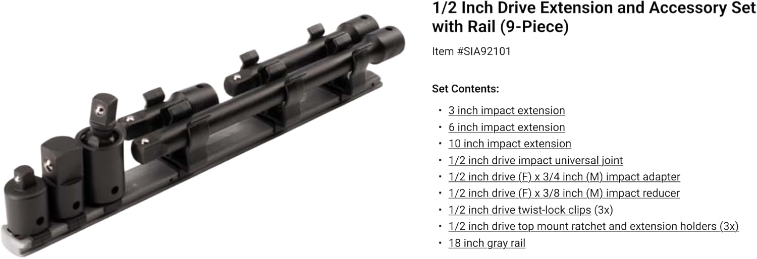 TEKTON 1/4, 3/8, 1/2 Inch Drive Impact Extension and Accessory Set with Rails and Tray (17-Piece) | SIA99201