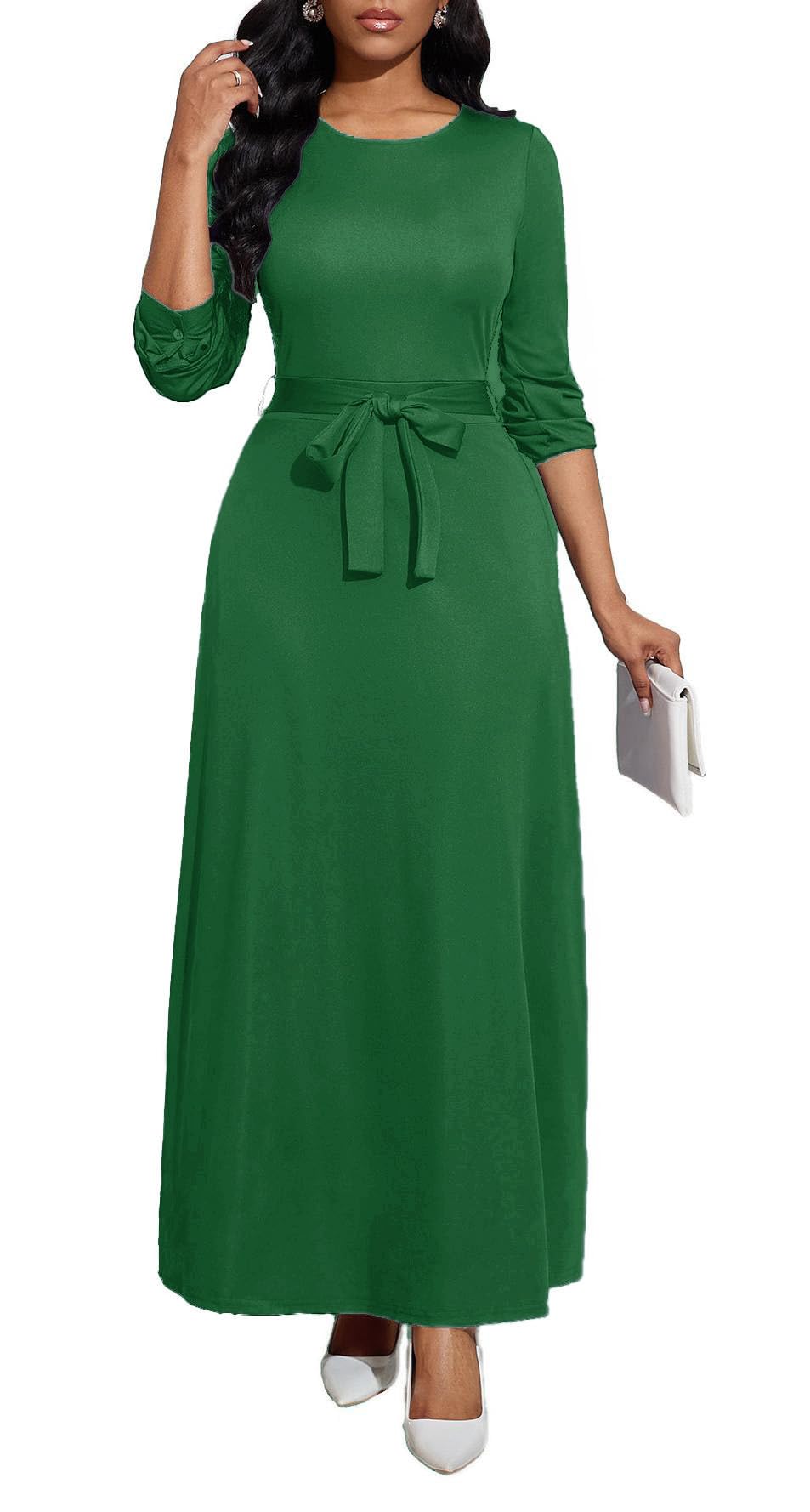 BubFee Long Dress for Women Casual Long Sleeve Dresses Maxi Dress Empire Waist Loose with Belt