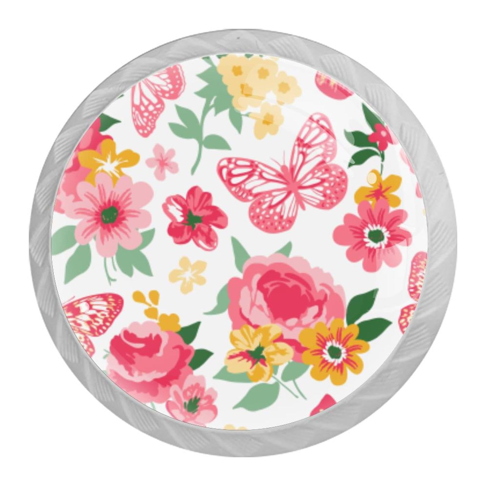 Tqmspg Multi14 4 Pieces Drawer Pulls Butterflies And Roses Peonies Flowers Door Knobs Dresser Handles For Kitchen Wardrobe Cupboard Hardware Furniture
