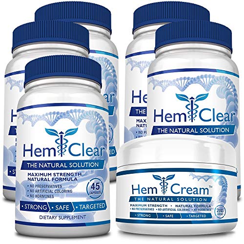 Hemclear for Hemorrhoids - Vegan 100% Natural Formula for Hemorrhoid Relief & Vascular Health - Maximum Strength 5 Bottles + 1 Cream