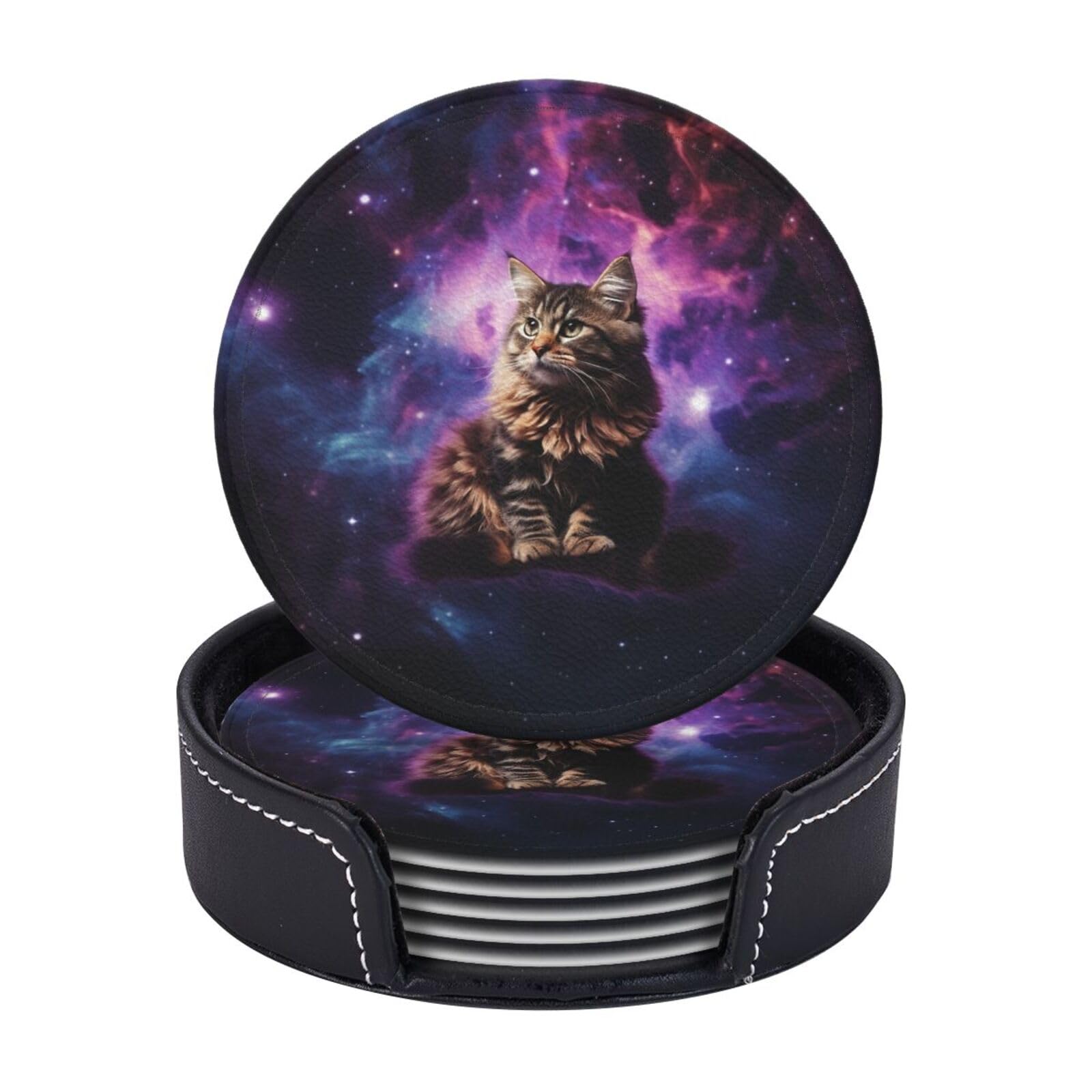 Round Coasters for Drinks Set of 6 - PU Leather Coasters with Holder - Modern Drink Coasters for Coffee Table - Cat Sitting Inside Nebula Coaster for Tabletop Protection 4" Cup Mat Pad