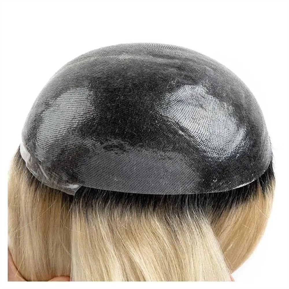 Tupecik męski Peruka z włosów ludzkich dla mężczyzn, ombre blonde czarnymi korzeniami, męska proteza 0,08 mm, PU, ​​wiązana skóra, peruka, indyjski system prostych Remy Treski(8x10)