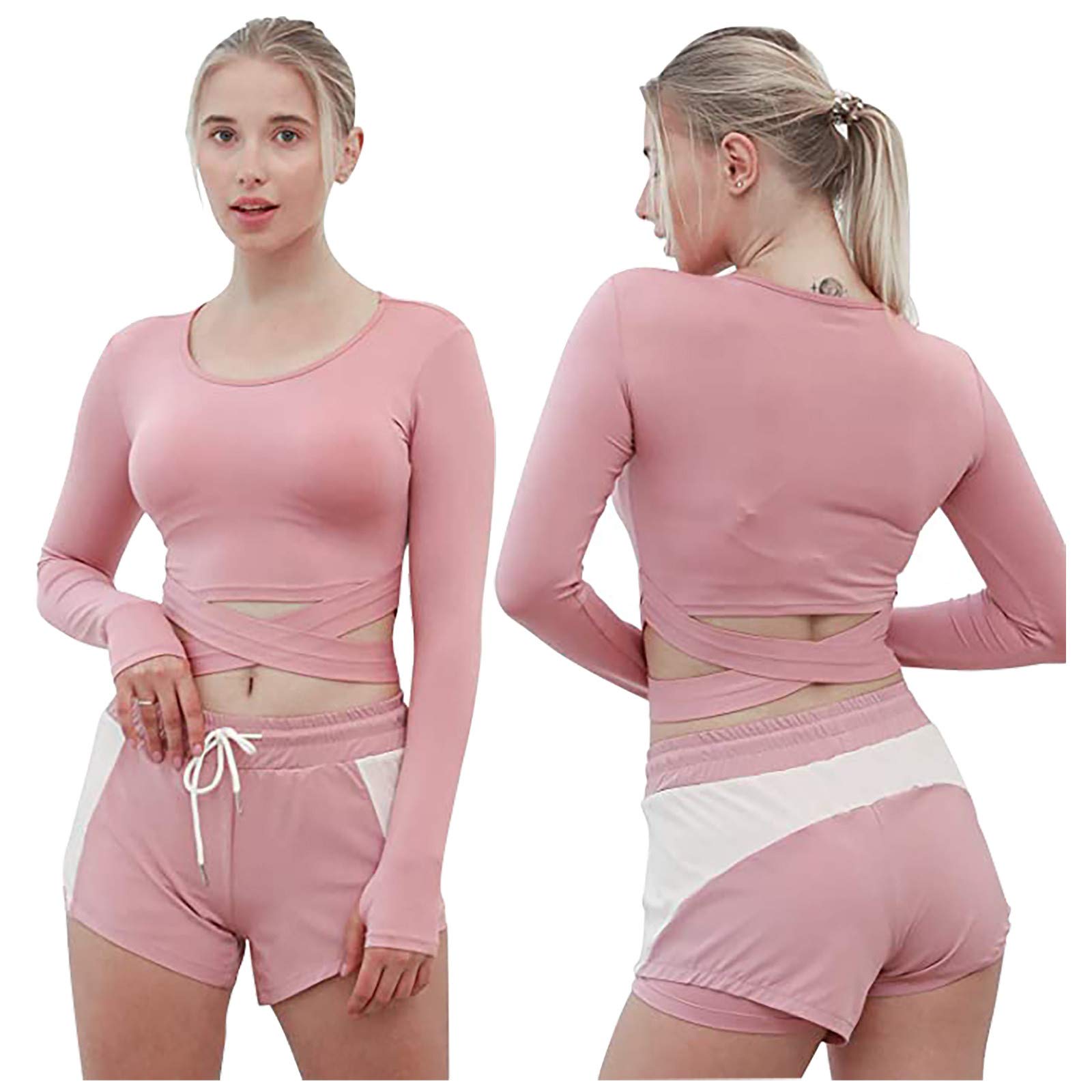 Jogginganzug Damen Set- 5 Teiligs Sport Set Workout Outfits Für Frauen Trainingsanzug Gym Fitness Kleidung Outsits Laufbekleidung Sportkleidung Langarm Yoga Leggings Kapuzenjacke Crop-Tanktop Shorts