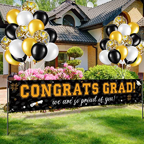 Image of 37Pcs Graduation Banner Balloon Decorations Class of 2026, Congrats Grad Banner Yard Outdoor Decorations, Graduation Balloons Banner Set for High School College Graduation Party Supplies, Black & Gold
