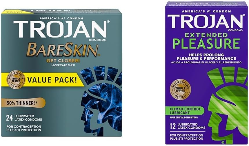 Trojan Bareskin Thin Premium Lubricated Condoms - 24 Count & Extended Pleasure Climax Control Extended Pleasure Condoms, 12 Count