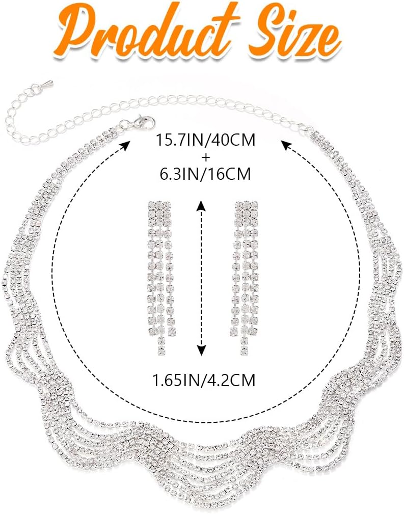Sixexey Silver Bridal Wedding Jewelry Set Sparkly Rhinestone Necklace and Earrings Wedding Prom Earrings Jewelry for Women (Silver)