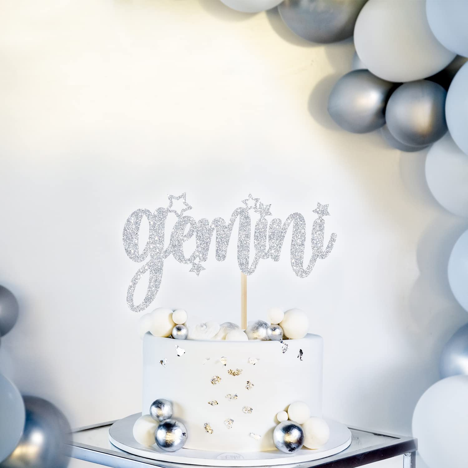 Zwillinge Cake Topper 'Big Gemini Energy' – Silber Glitzer, Für Sternzeichen Geburtstag – Kuchen-Deko & Foto-Requisite