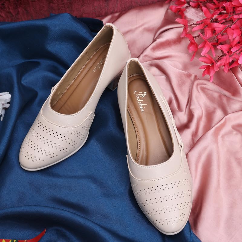 Padchin Women Round Toe Block Heel Cream Pumps | Formal and Casual Fashion sandal with Stiletto Heels | Comfortable Casual and Formal Shoes | Stylish and Fashionable Ladies Pump Shoe for Daily Use 1