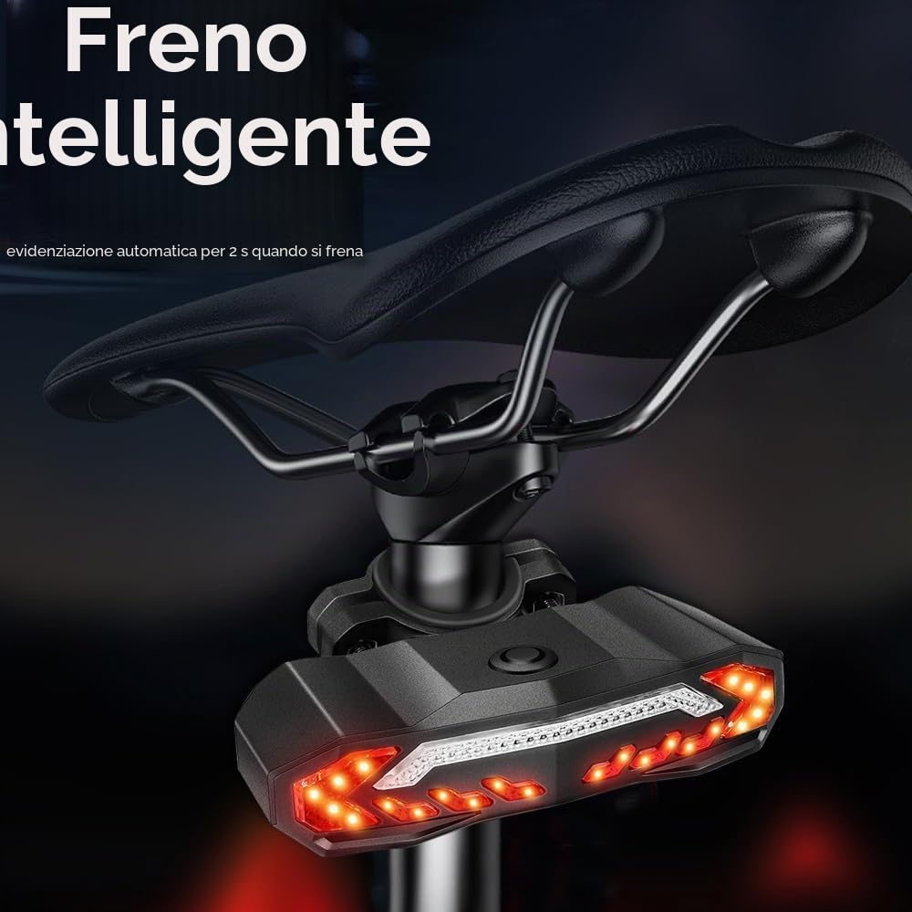 Fanale posteriore per bici con luci di direzione, luce freno, USB, telecomando ricaricabile, antifurto, clacson, accensione/spegnimento automatico, impermeabile, per la sicurezza notturna