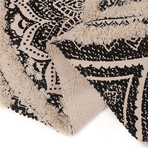 Seavish Tufted Cotton Rug, 2.3X5.2 Black Mandala Boho Rug For Bedroom, Hand Woven Bohemian Runner Throw Rugs, Shag Accent Fringe Tassel Rug For Bedside Kitchen Laundry Room Rug #TOP3