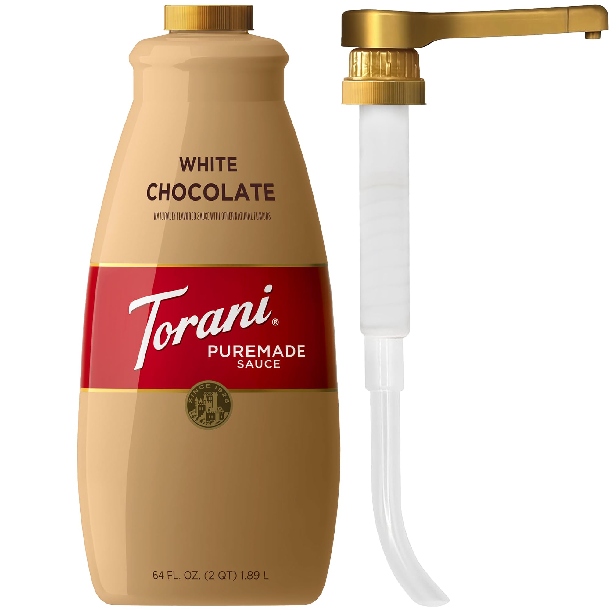 ToraniPuremade White Chocolate Sauce for Coffeehouse Drinks and Desserts, Large 4lb Bottle, Pump Included, 64 Fl Oz